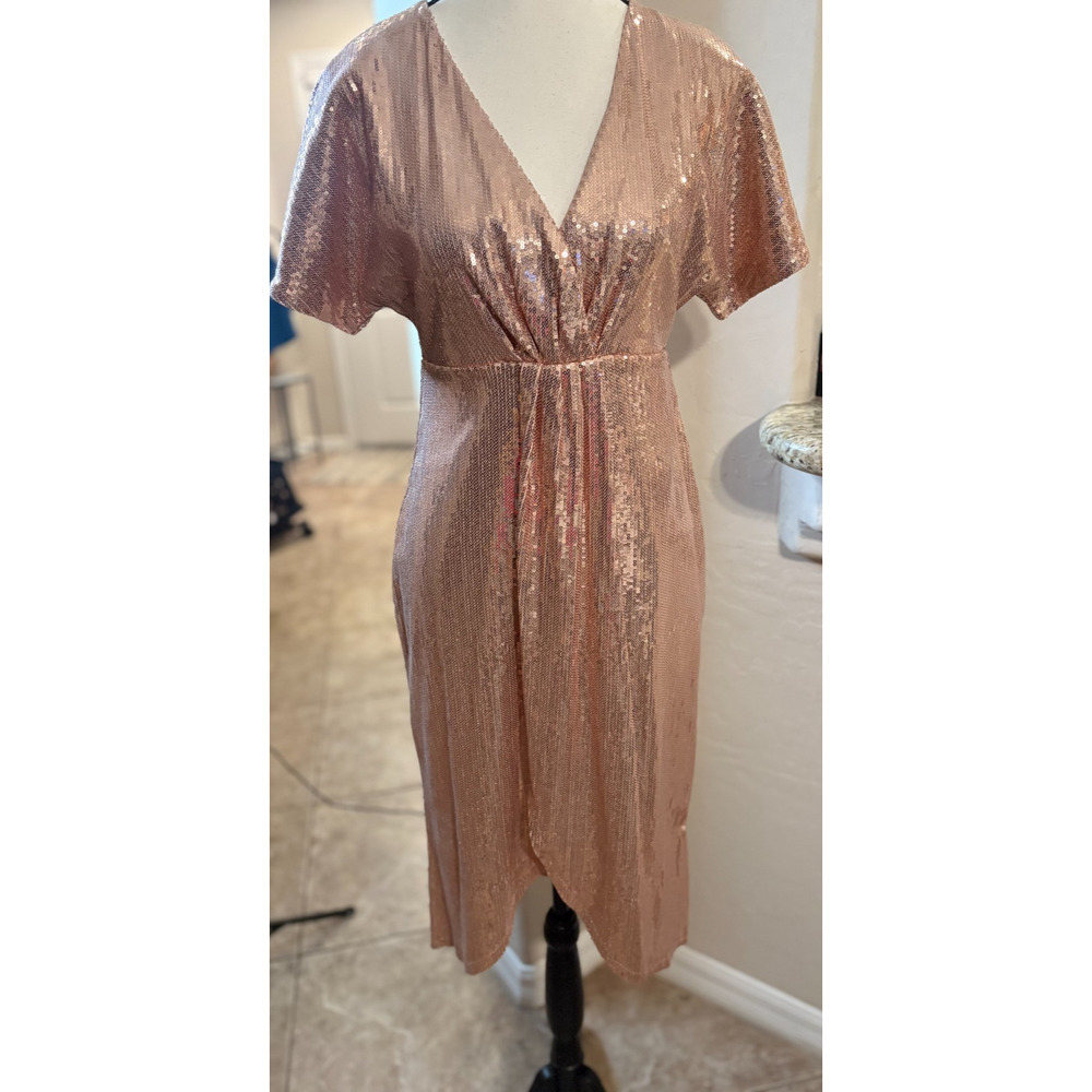 Express V-Neck Rose Gold Formal Cocktail Party Midi Dress Size XS 0-4 - Picture 2 of 4